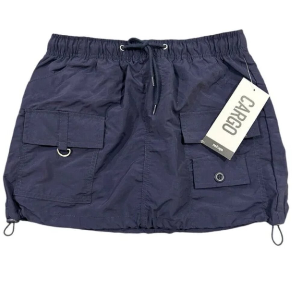 Refuge Mini Cargo Skirt Womens Small Blue Elastic Waist Pockets Cinch Bottom NEW